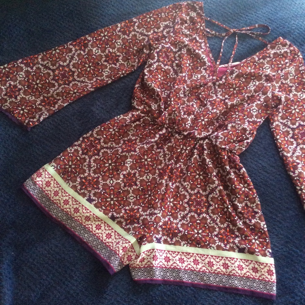 Pink Flowy Boho Wrap Romper with Bell Sleeves - Picture 6 of 8